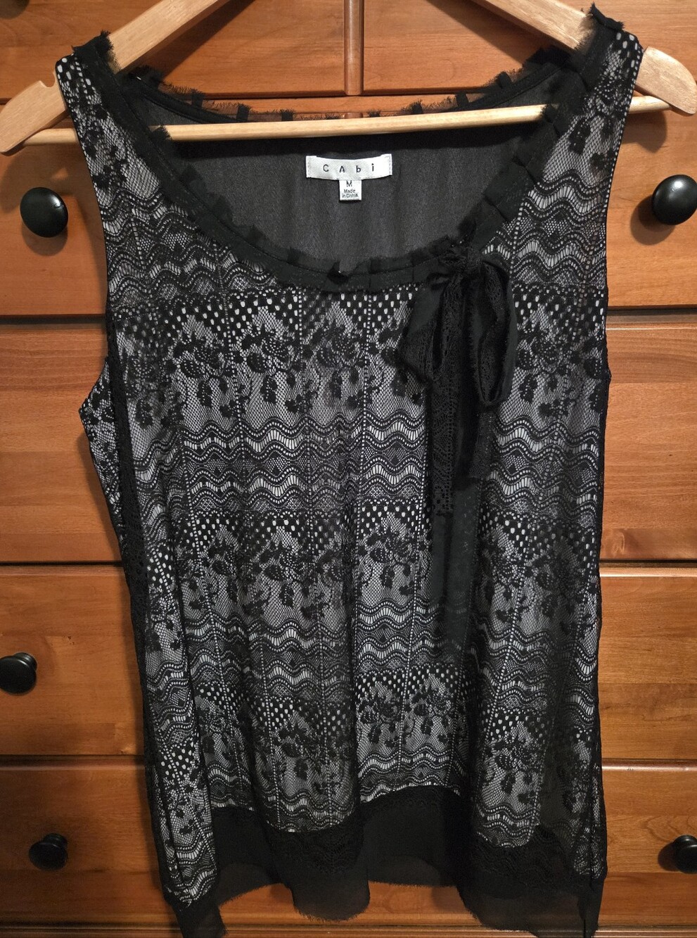 CAbi Black Lace Overlay Tank with Ribbon Tie